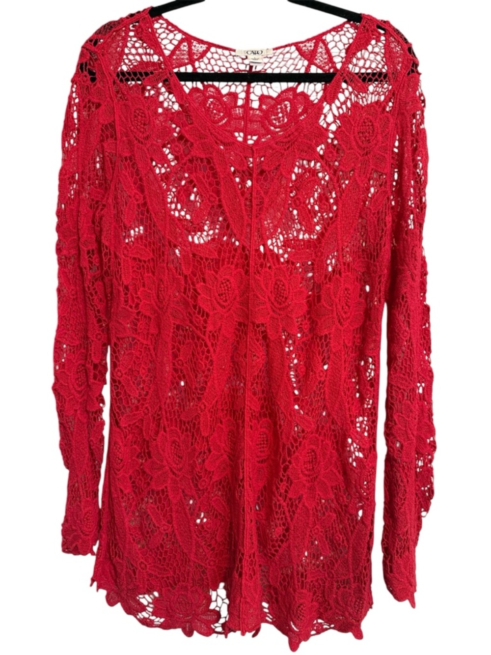 Cato Red Crochet Long Sleeve Tunic Top / Swim Cover